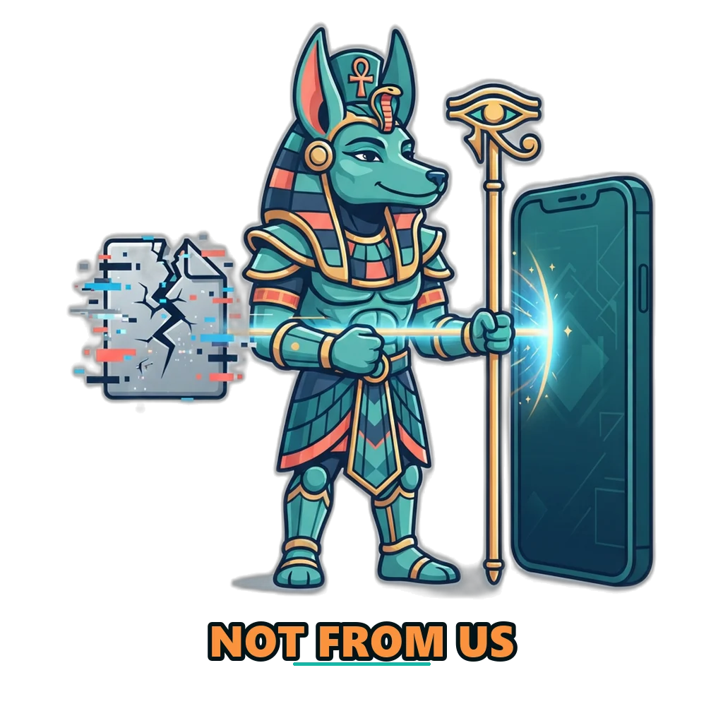 फ़ोन तक पहुँचती नकली APK फ़ाइल को लाठी से रोकता रक्षक मैस्कट