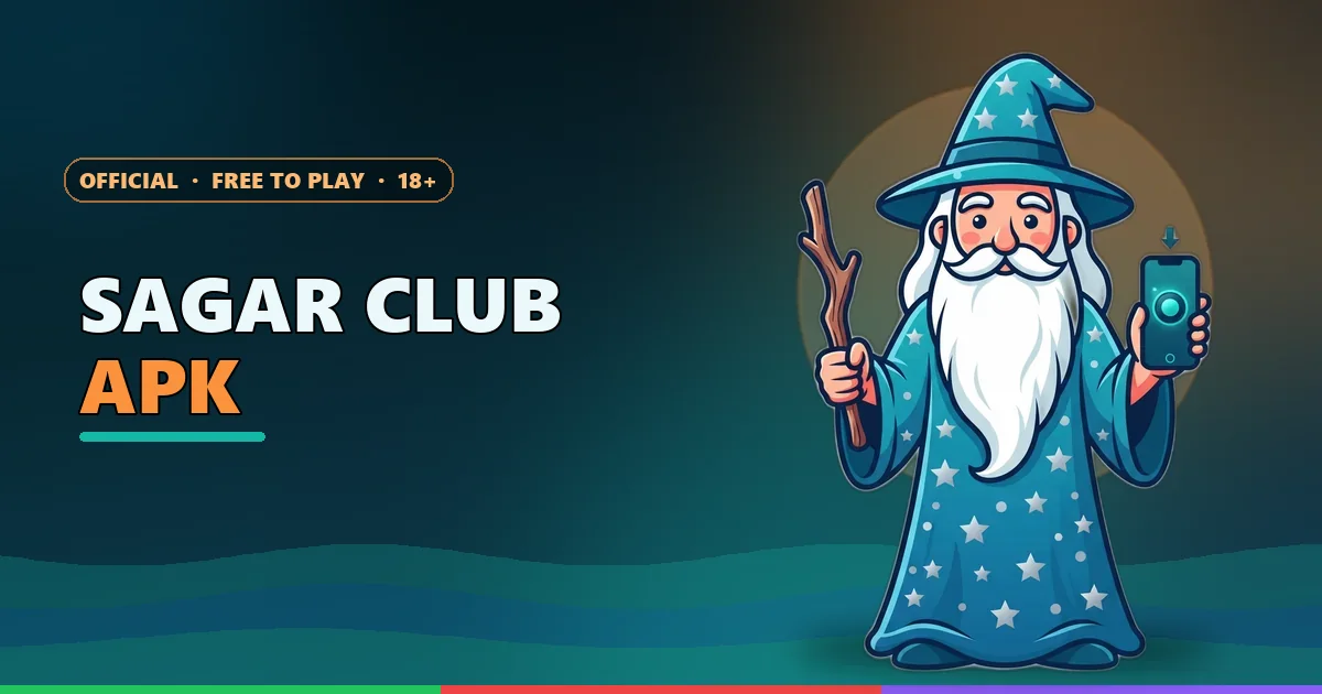 Sagar Club APK गाइड के लिए चमकते ऐप आइकन वाला फ़ोन पकड़े जादूगर मैस्कॉट