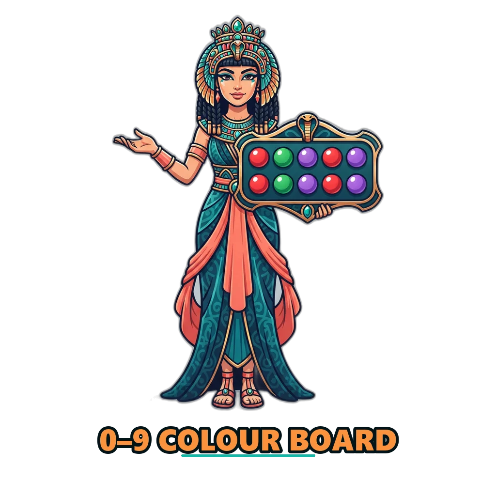 Cleopatra presenting the number board of a free colour prediction game