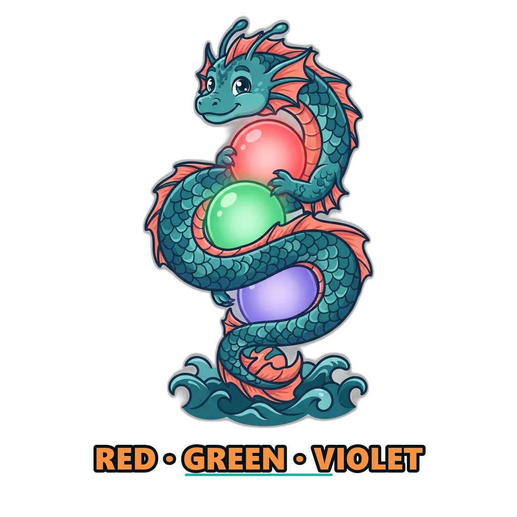 Sea dragon coiled around red, green and violet colour prediction game balls