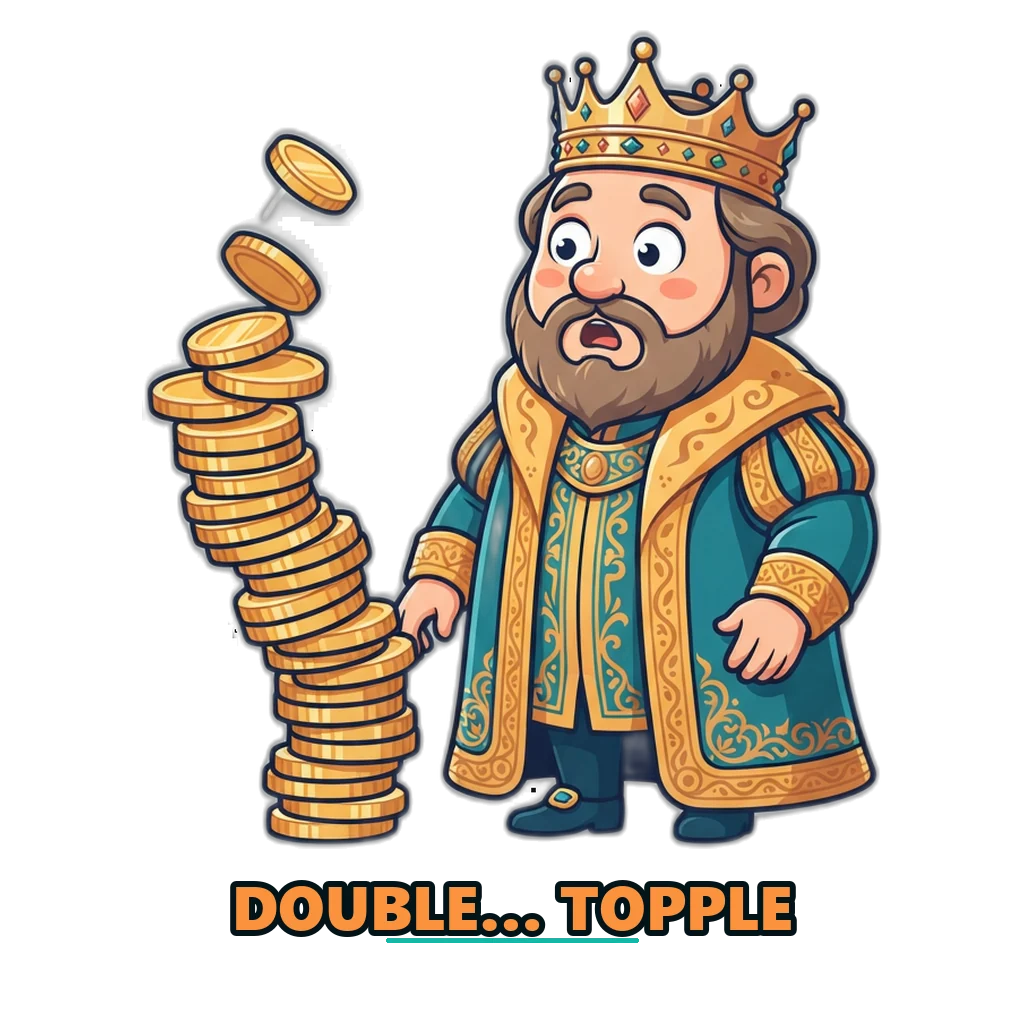 Midas watching a doubling stack of coins topple over