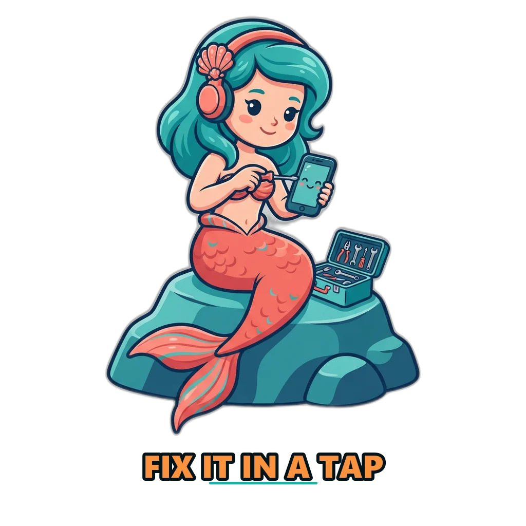 Mermaid with a headset fixing a phone, Sagar Club customer care self-help
