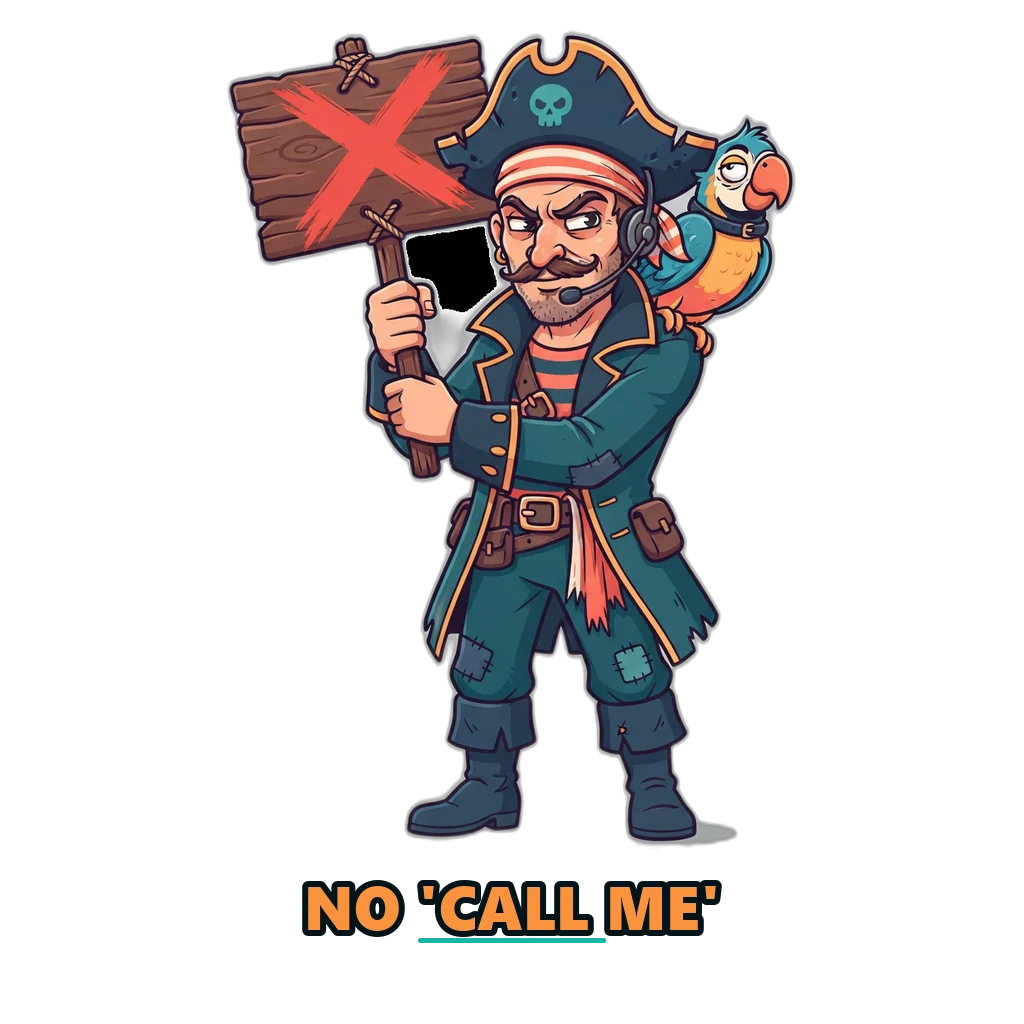 Pirate posing as a fake support agent with a crossed-out call me sign