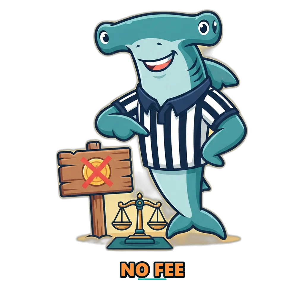 Shark referee mascot beside a sign showing that no pick in the demo carries a fee