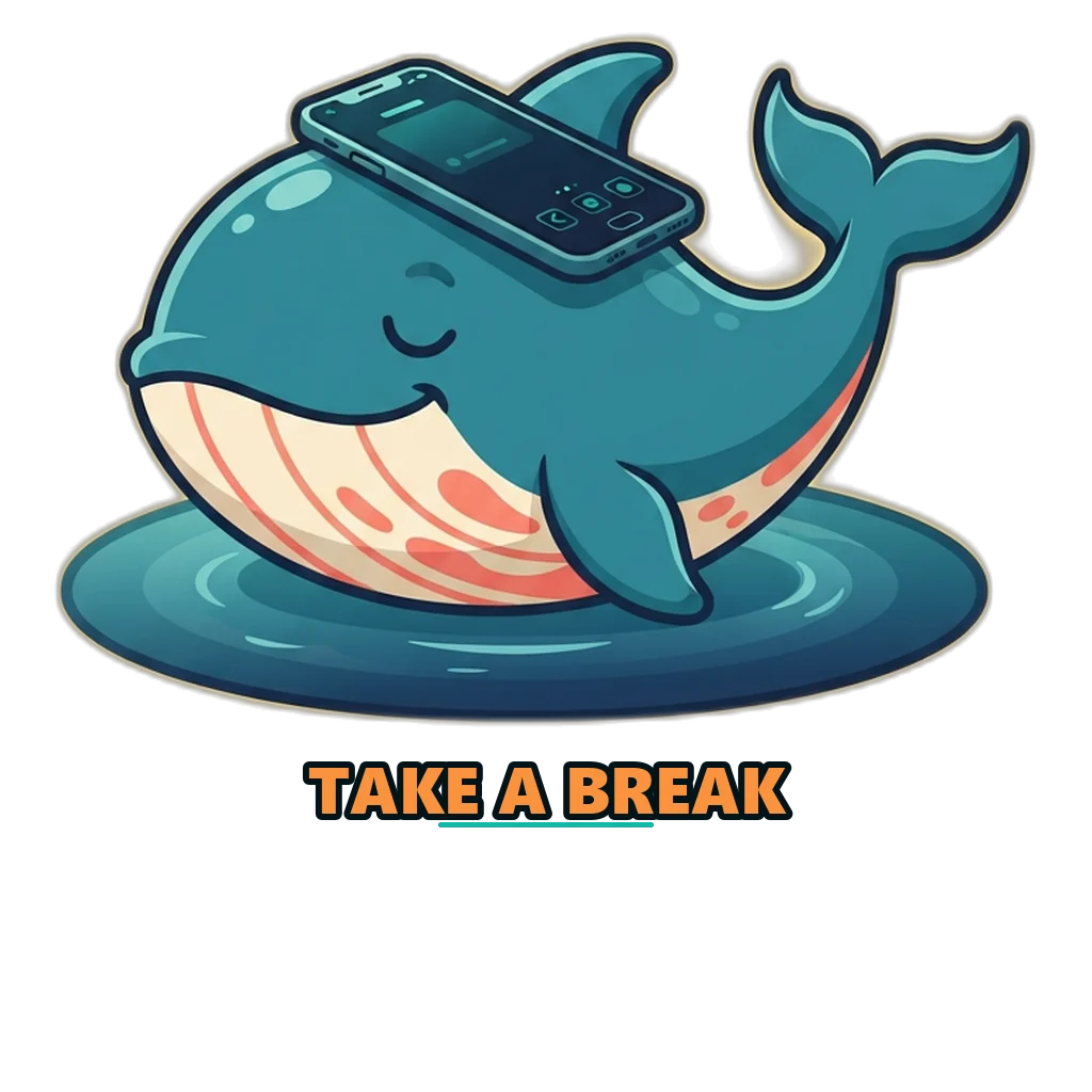 Whale mascot resting on calm water during a break from play