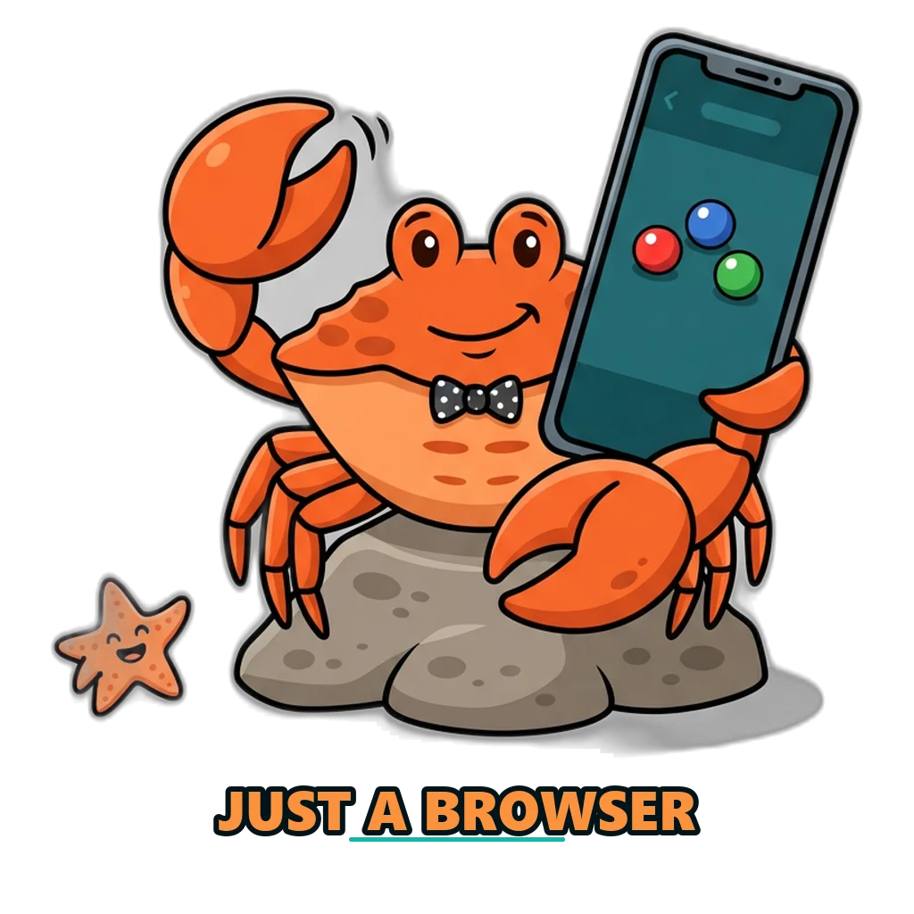 Crab mascot tapping a phone browser with the free colour game open