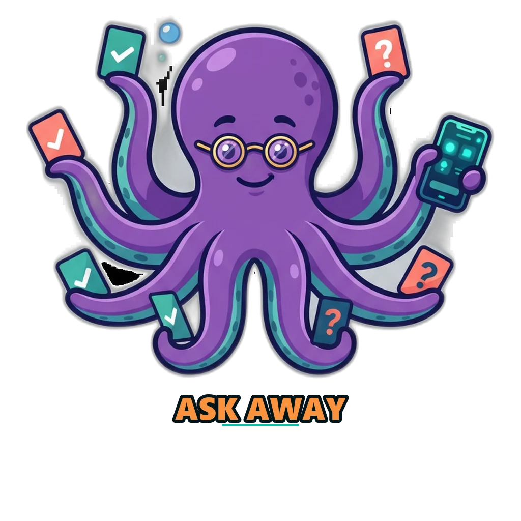 Octopus mascot holding answer cards for the Sagar Club FAQ