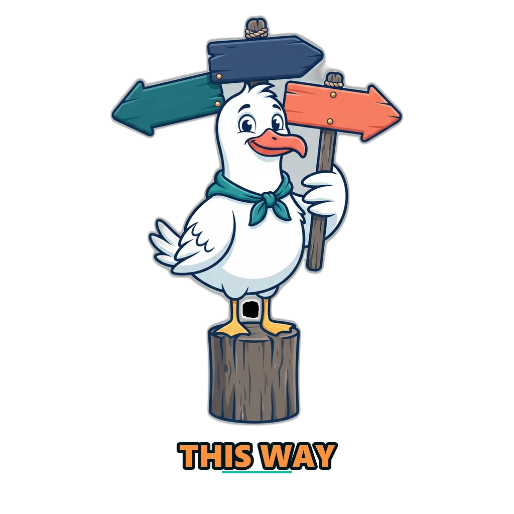 Seagull mascot holding a signpost to more Sagar Club guides