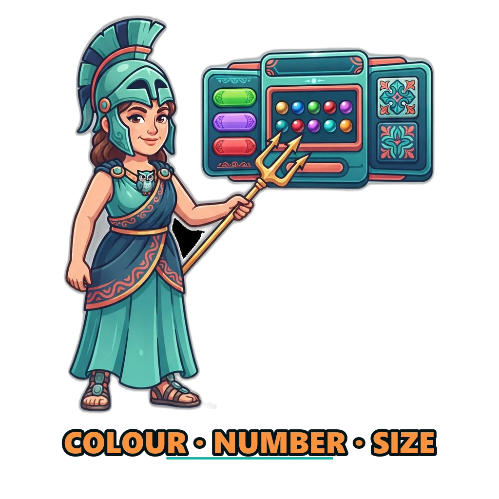 Athena mascot pointing at colour, number and Big or Small picks