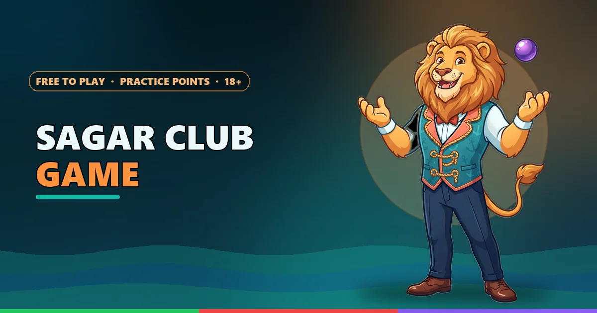 Lion mascot juggling green, red and violet balls for the Sagar Club game guide
