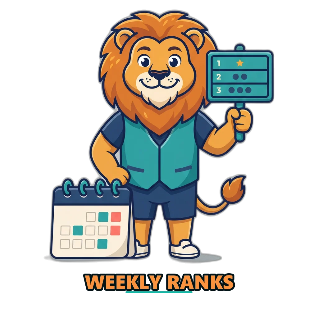 Lion mascot holding the Weekly Ranks board from the Sagar Club game