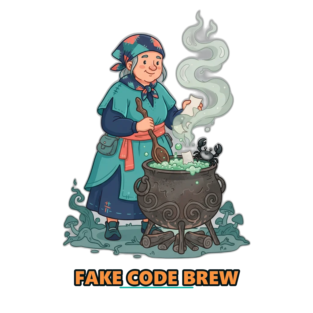 Folk witch stirring a cauldron of paper slips, warning about fake gift code offers