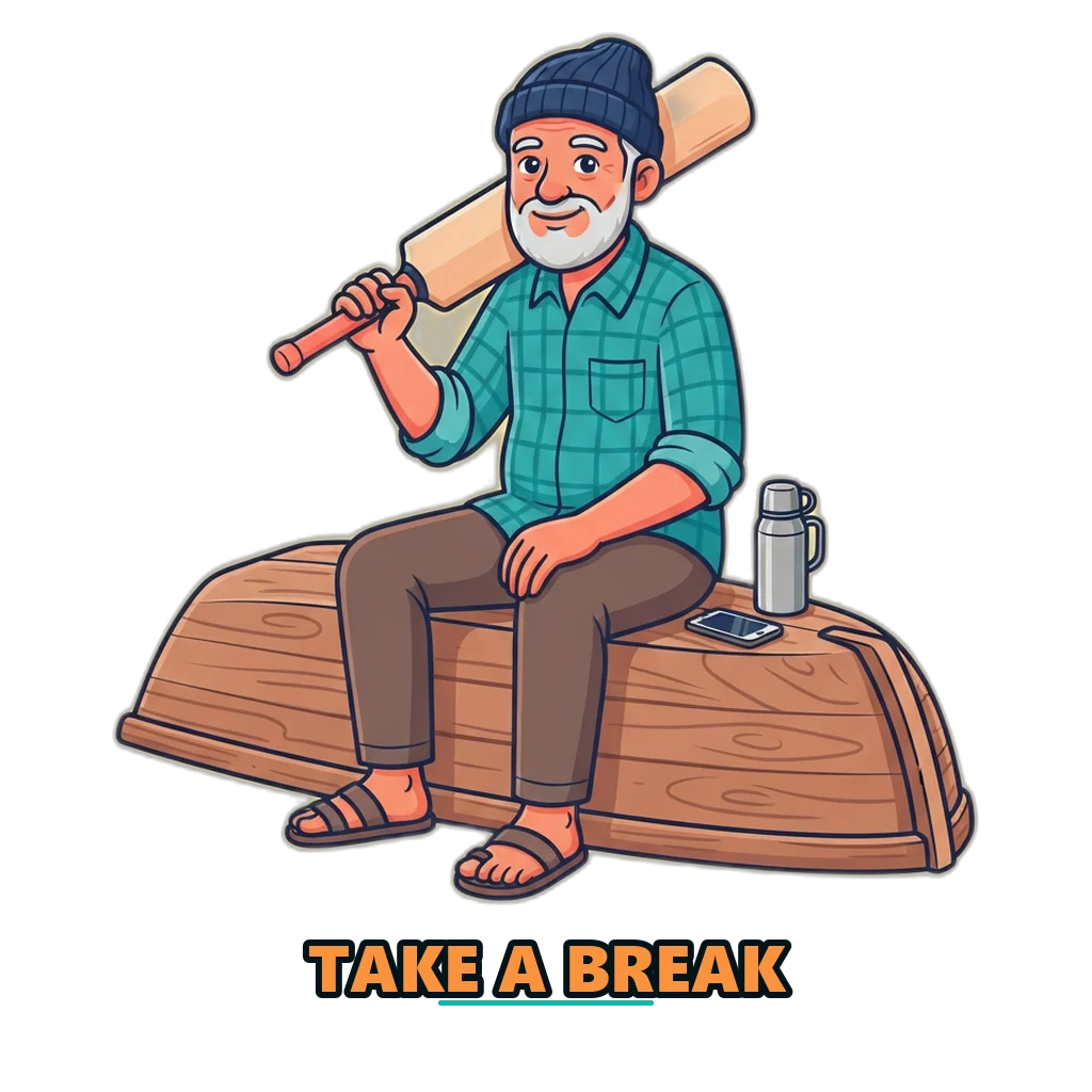 Old fisherman mascot with a cricket bat taking a break from the game