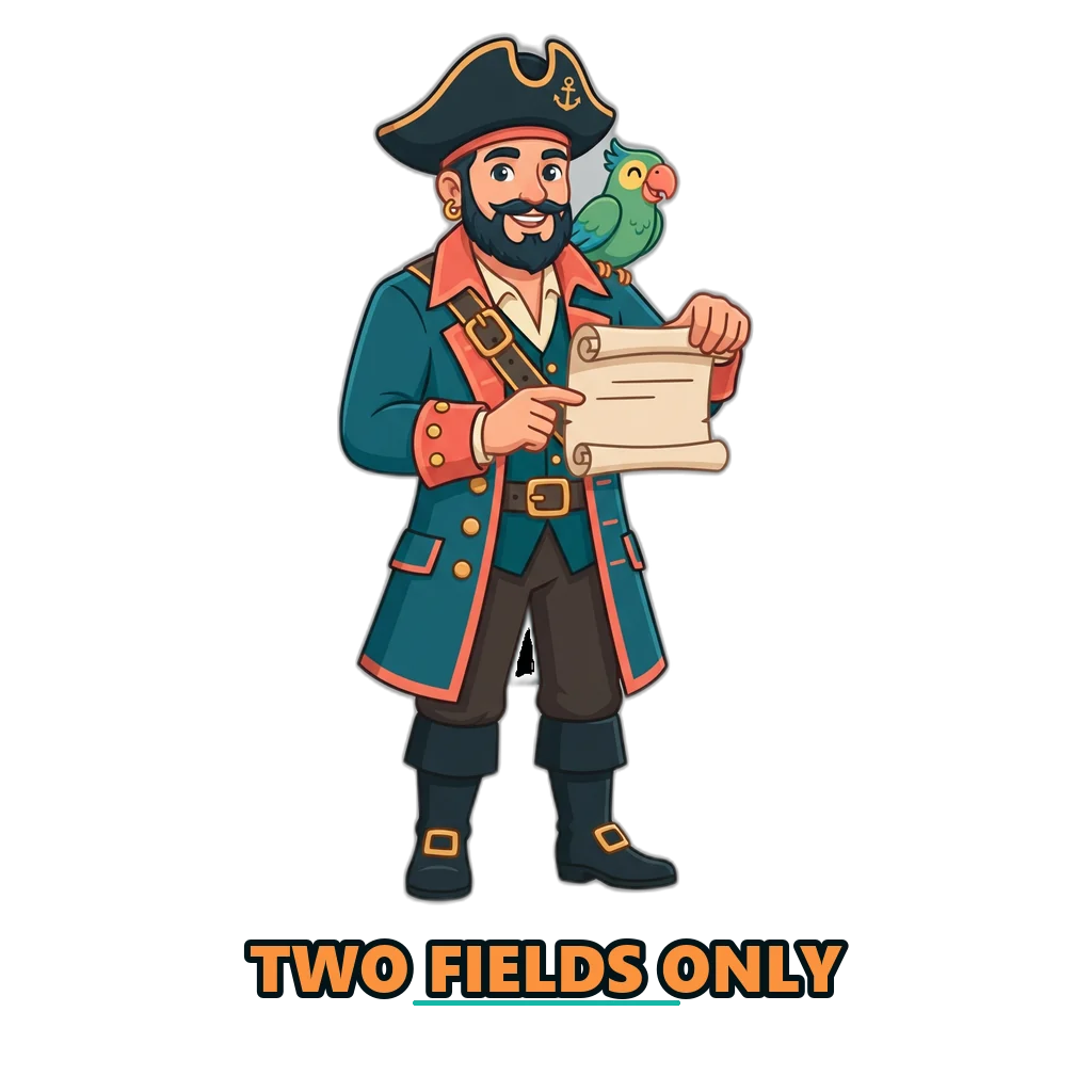 Pirate captain mascot unrolling a short Sagar Club sign-up scroll
