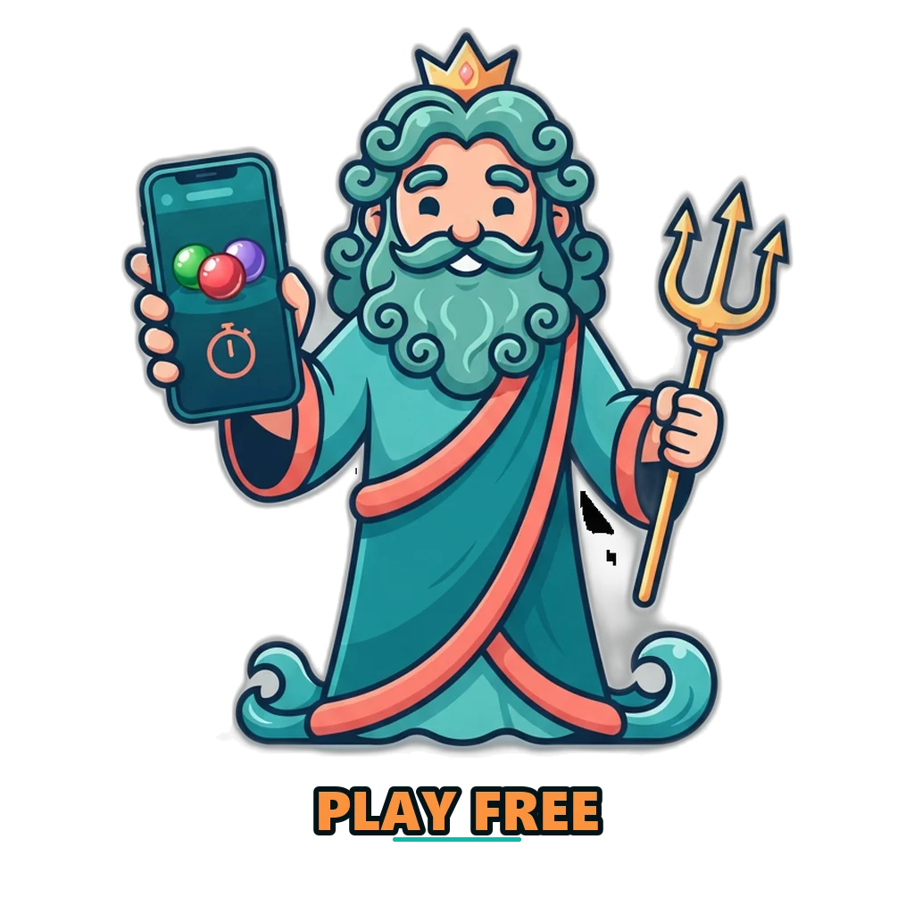 Poseidon mascot holding a phone with the free Sagar Club colour game