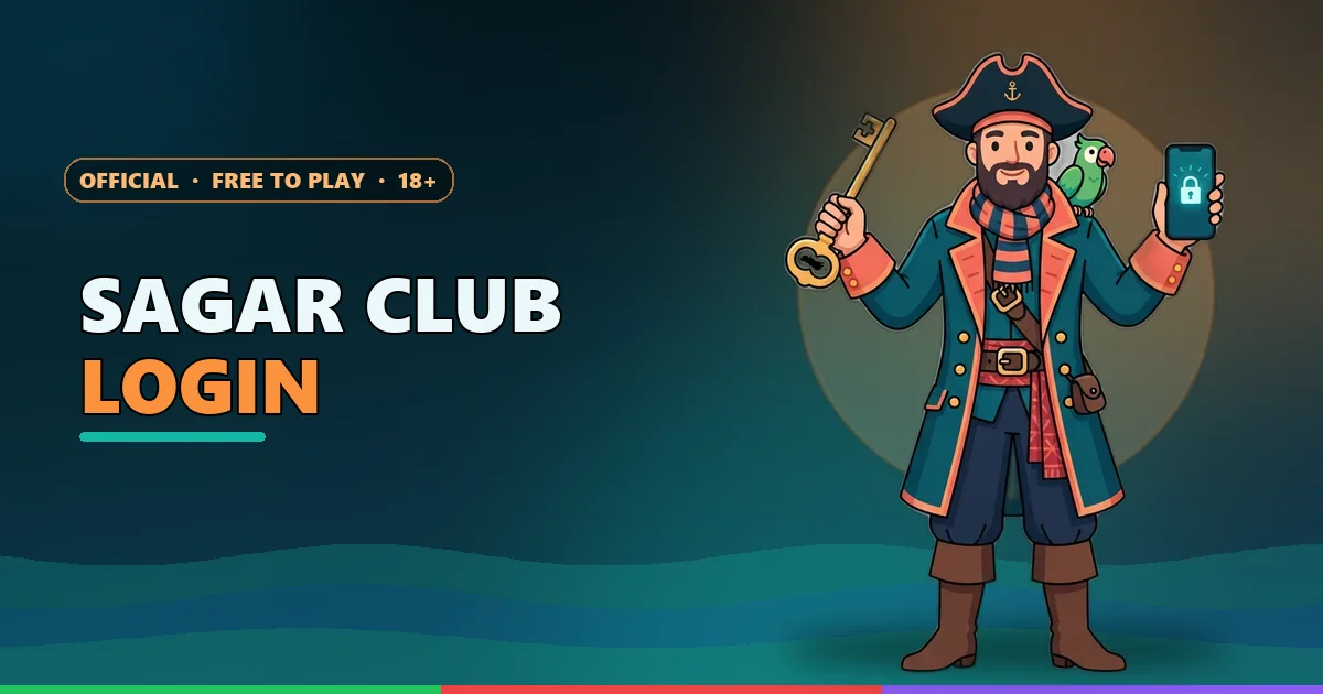 Pirate captain mascot with a golden key and a phone for the Sagar Club login guide