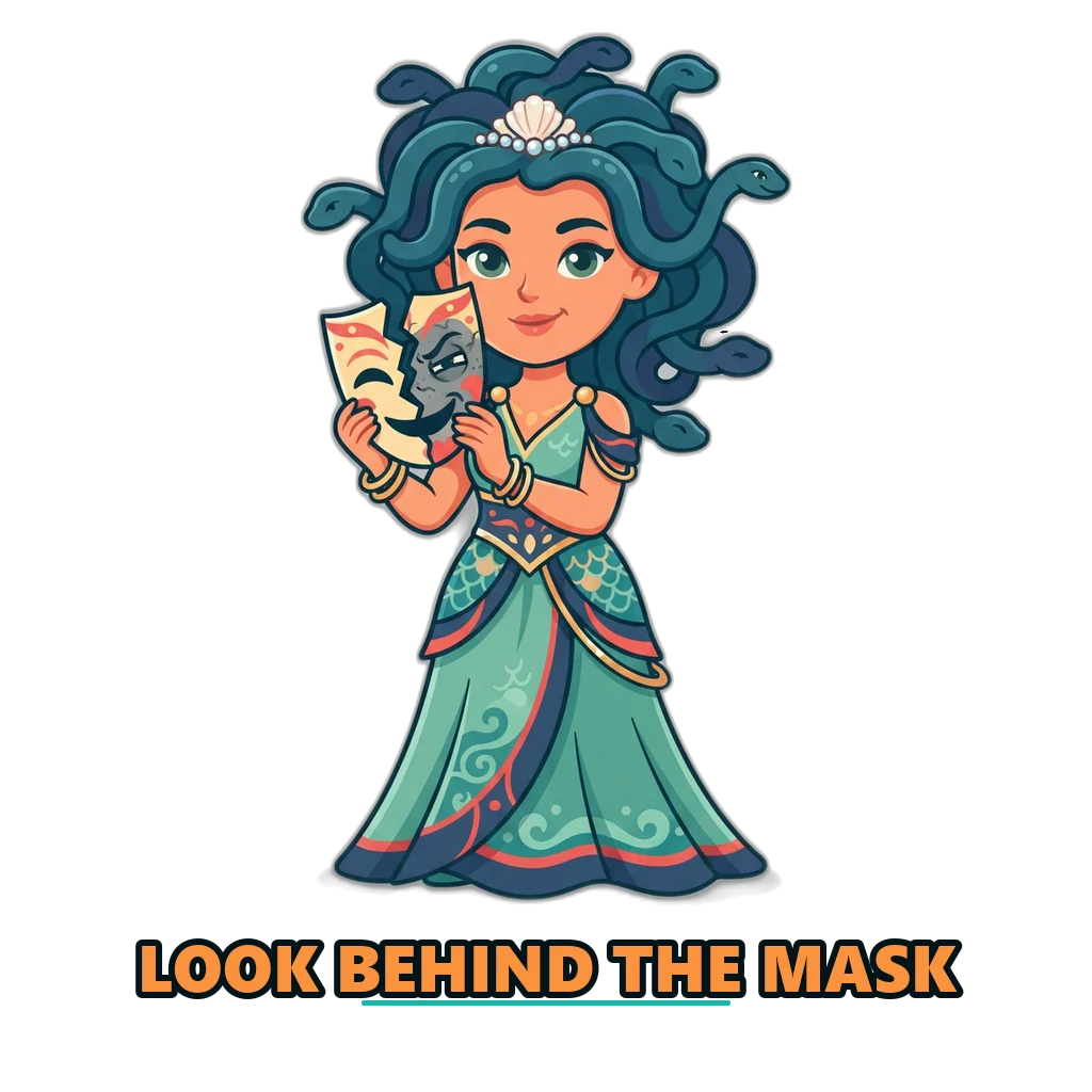 Medusa holding a cracked mask that hides a fake login form asking for an OTP