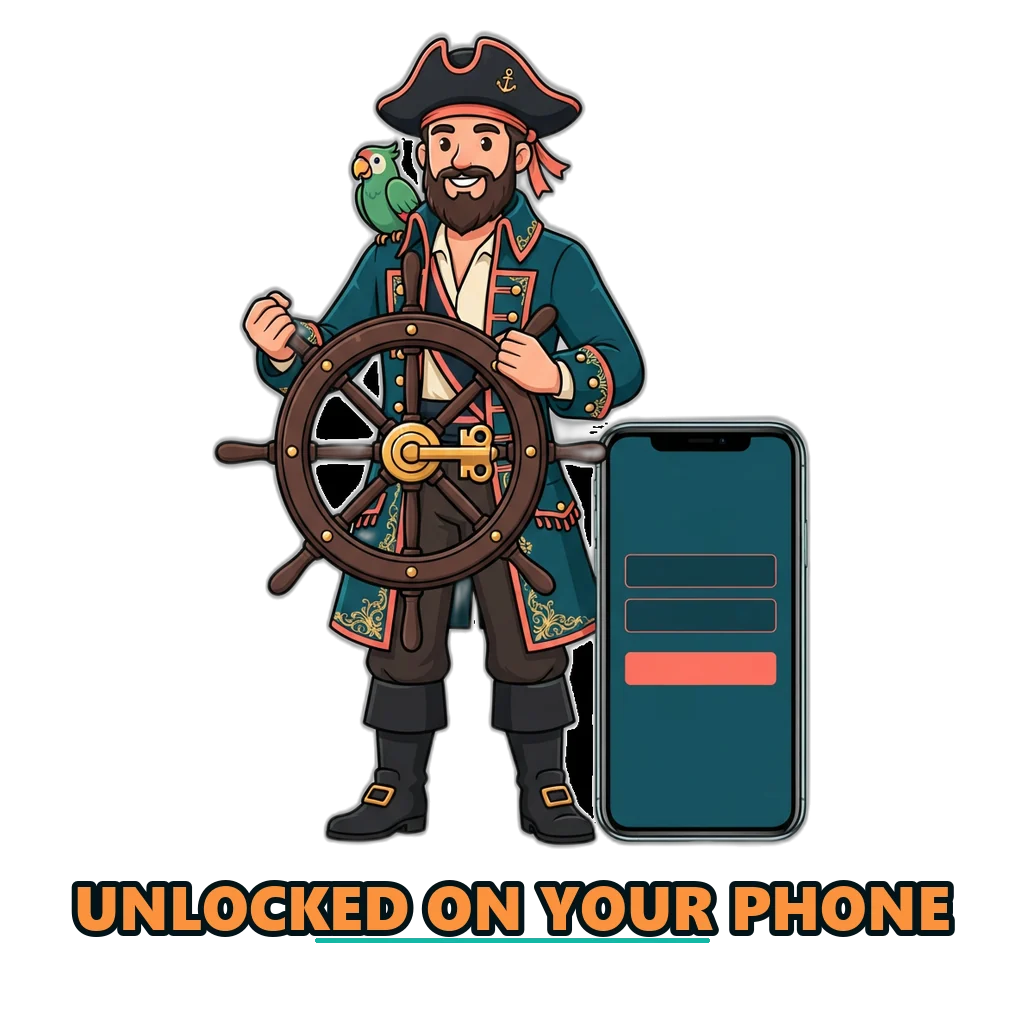 Pirate captain turning a key-shaped ship's wheel to open the Sagar Club login on a phone