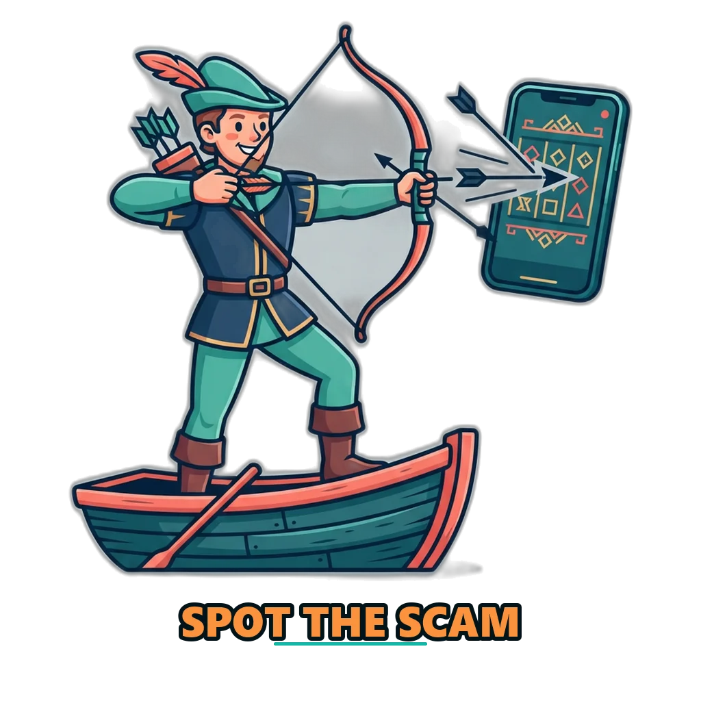 Robin Hood splitting scam arrows aimed at a phone, a Sagar Club safety reminder