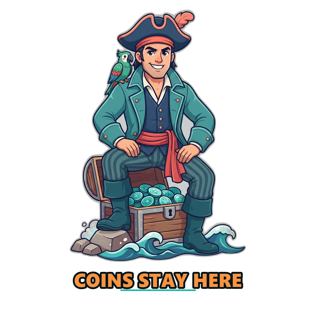 Pirate guarding a chest of virtual coins, showing a Sagar Club withdrawal is not possible