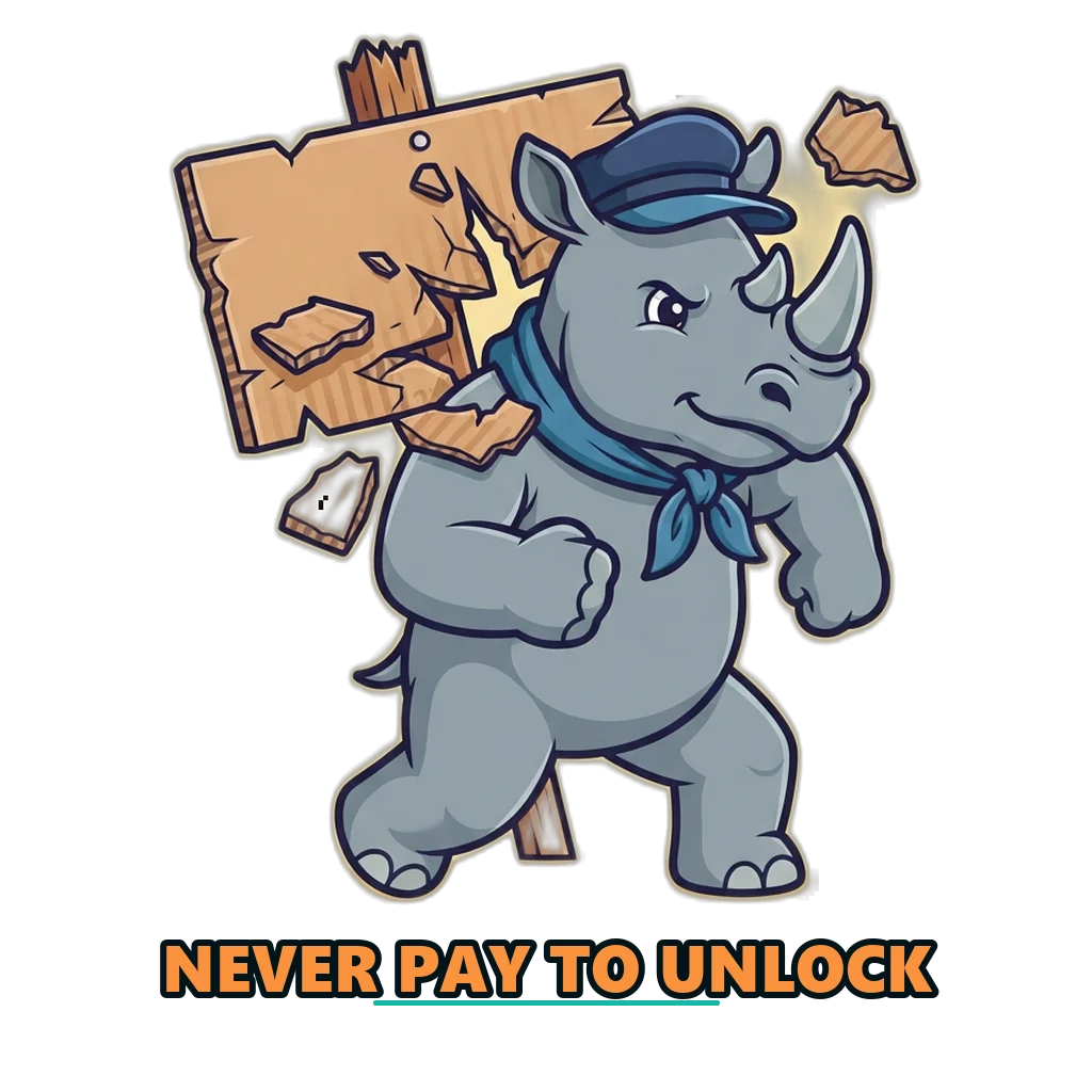 Rhino breaking through an unlock fee sign, a warning about fake payout requests
